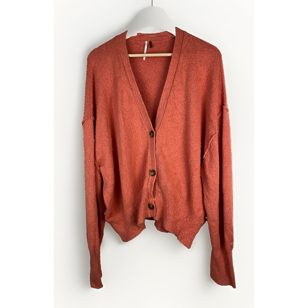 Free People Women's XL Orange Slouchy Button Up V-Neck Boho Cardigan Sweater